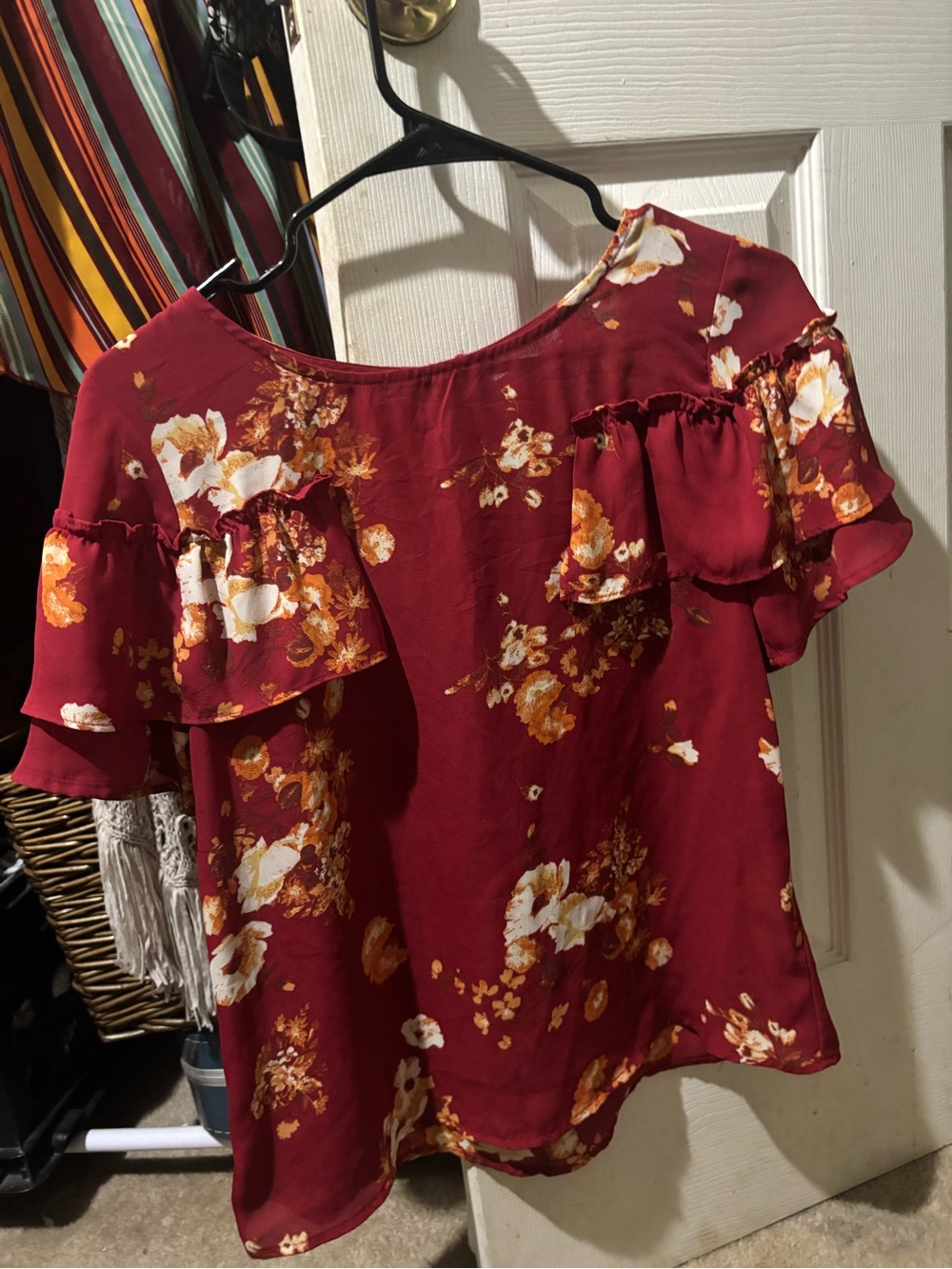 mine Burgundy Floral Ruffle Off-Shoulder Blouse
